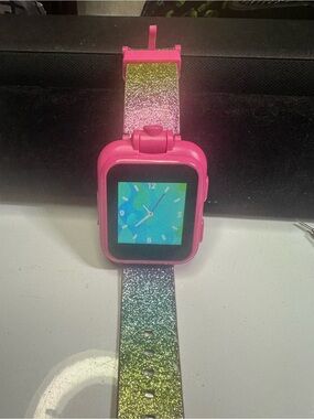 Kids Pink Glitter Smart Watch with Rainbow Strap
